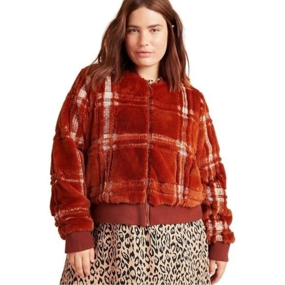 Anthropologie Plaid Teddy Bomber Jacket Rich Rust Cozy Soft Cabin Holiday 1X - Picture 2 of 13